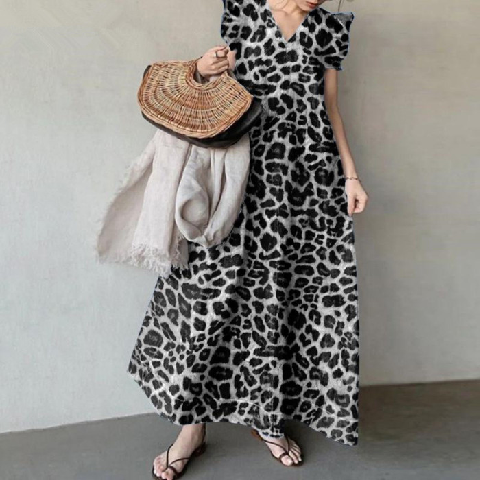 Fashion Print Temperament V Neck Bohemian Loose Plus Size Maxi Dress