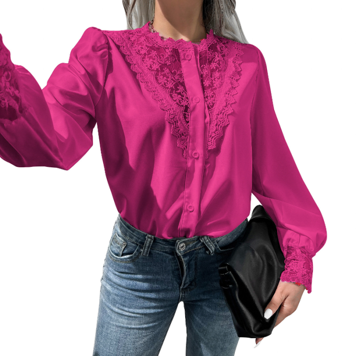 Fashion Retro Lantern Sleeve Elegant Office Loose Lace Mesh  Blouses & Shirts