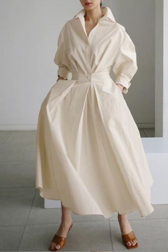 Summer Women's Fashion Solid Color Retro Lapel Shirt Long Sleeve Swing Maxi Dress
