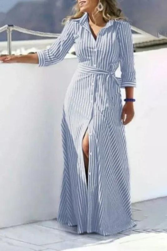 Summer Fashion Bohemian Stripe Lapel Button Tie Loose Casual Maxi Dress