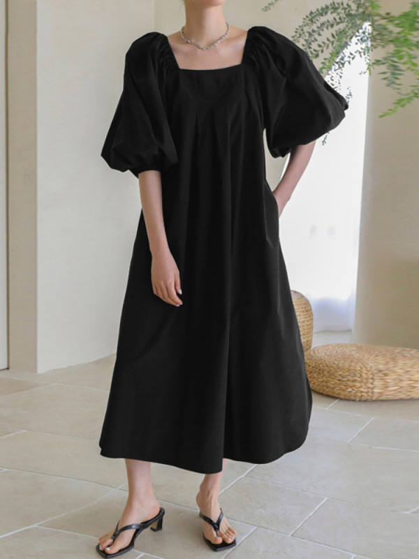 Women's Summer Loose Street Elegant Party Puff Sleeve Vintage Formal Midi Dress