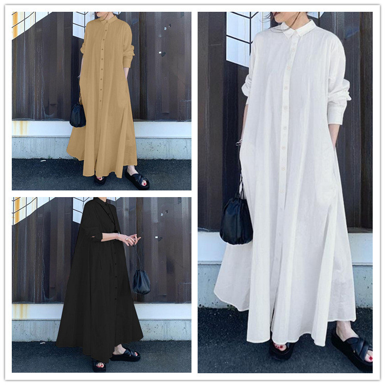 Women's Fashion Solid Color Round Neck Loose Casual Single Breasted  Maxi Dress