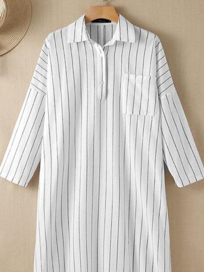 Summer Fashion Lapel Temperament Striped Loose Cotton Linen Cardigan Shirt Maxi Dress
