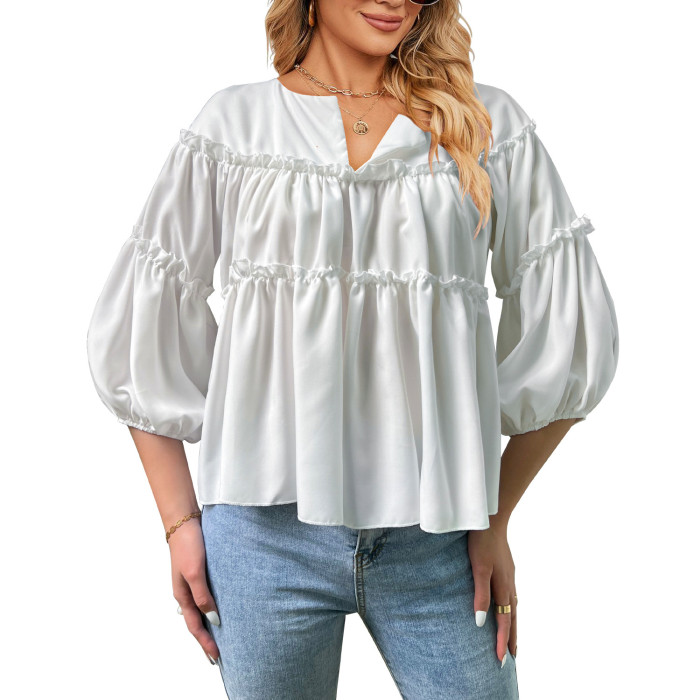 Summer Ladies Solid Color Fashion Casual Balloon Sleeve Blouses & Shirts Tops
