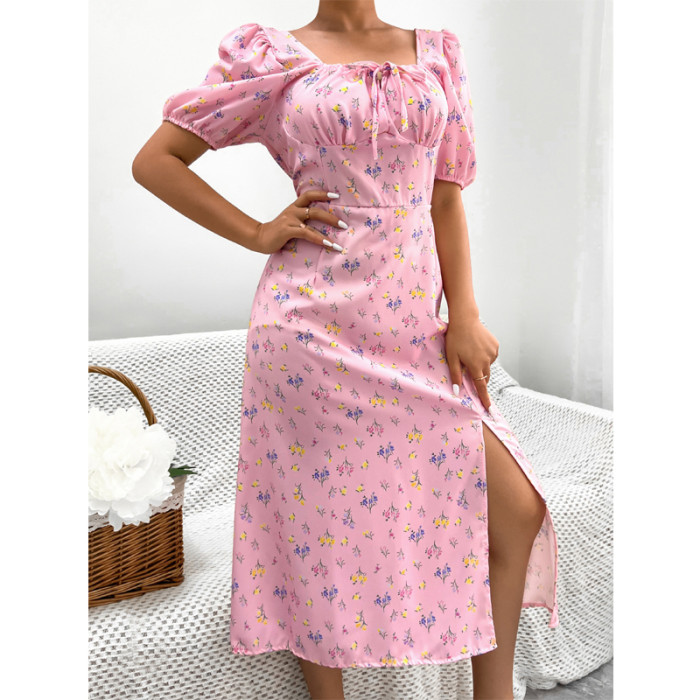 Holiday Summer Printed A-Line Design Square Neck Puff Sleeve High Waist Fashion Maxi Dress