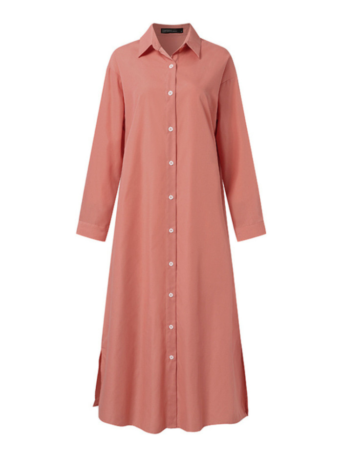 Women's Fashion Elegant Simple Lapel Long Sleeve Loose Cardigan Shirt Maxi Dress