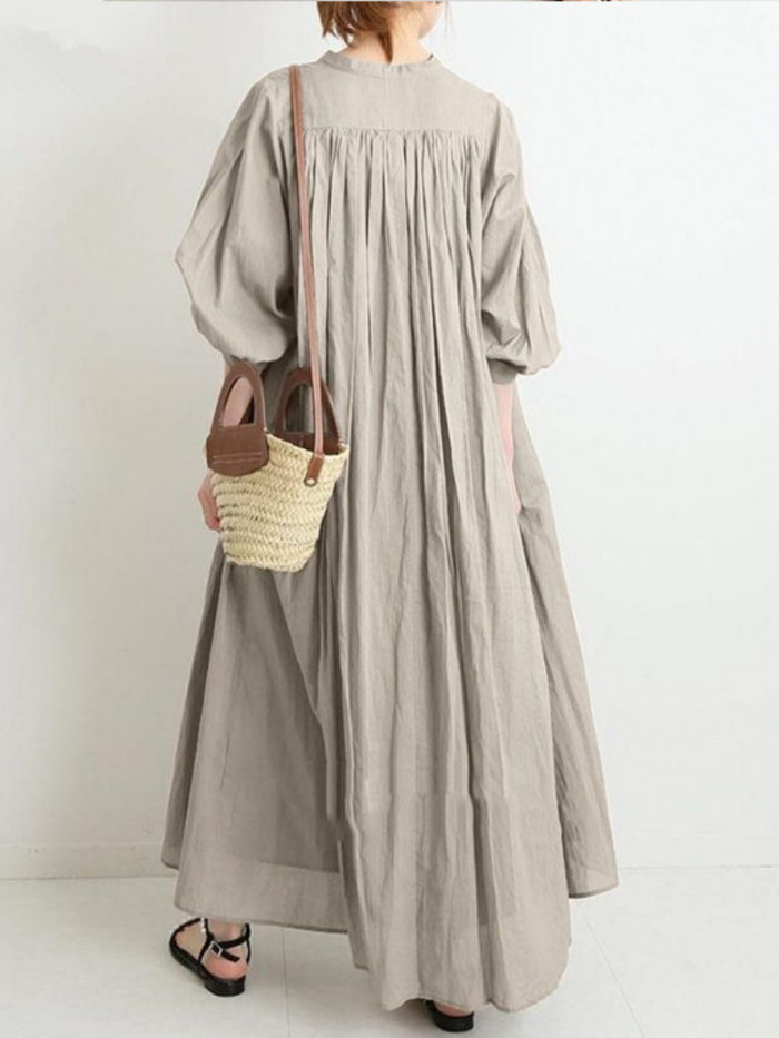 Women's Solid Color Cotton Linen Retro Pleated Large Swing Loose Casual Elegant  Maxi Dress
