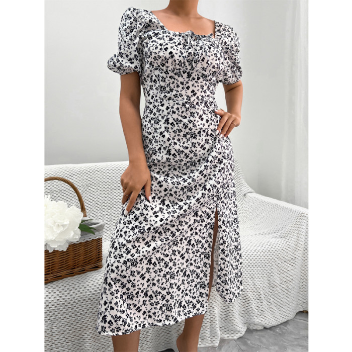 Holiday Summer Printed A-Line Design Square Neck Puff Sleeve High Waist Fashion Maxi Dress