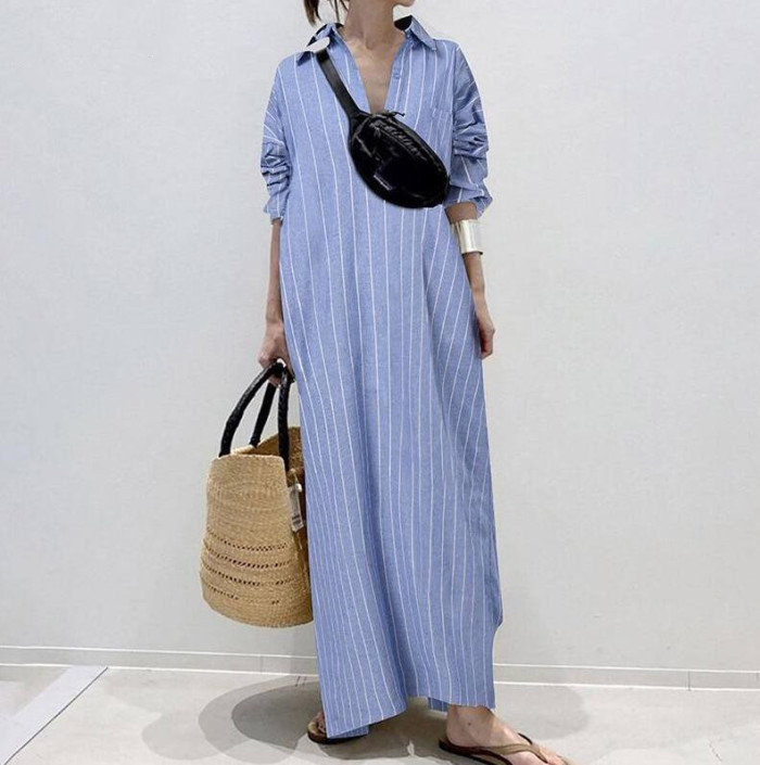 Summer Fashion Lapel Temperament Striped Loose Cotton Linen Cardigan Shirt Maxi Dress