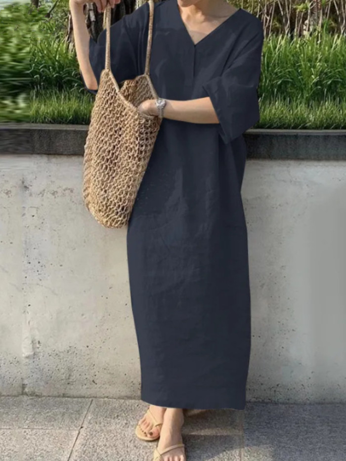 Women's Casual Solid Color V Neck Loose Fashion Elegant Loose Midi Dress