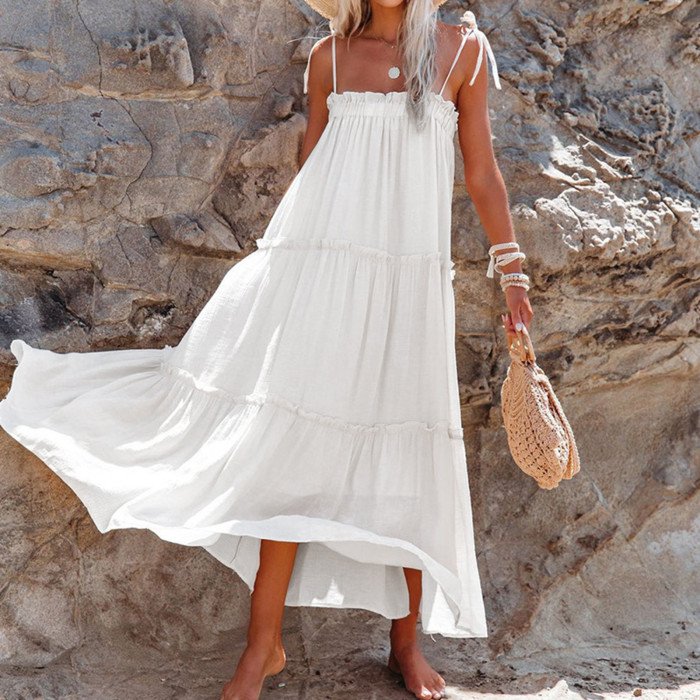 Women's Fashion Summer Beach Retro Simple Cotton Casual Loose Sleeveless Maxi Dress
