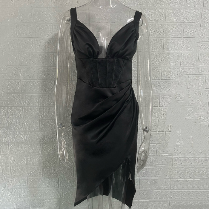 Sexy Deep V High Waist Suspender Irregular Solid Color Fashion Party Midi Dress