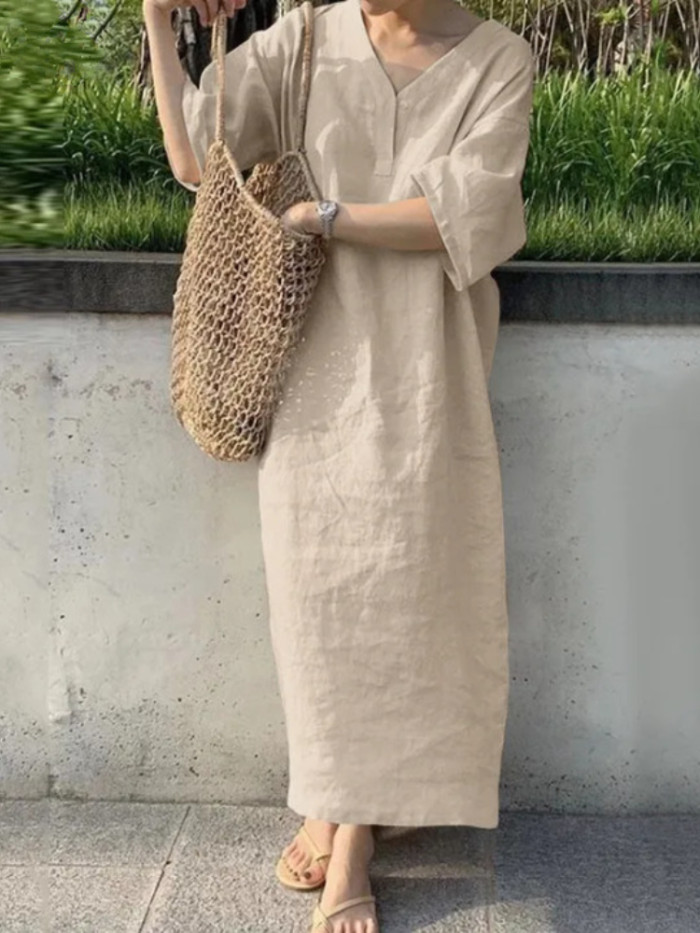Women's Casual Solid Color V Neck Loose Fashion Elegant Loose Midi Dress