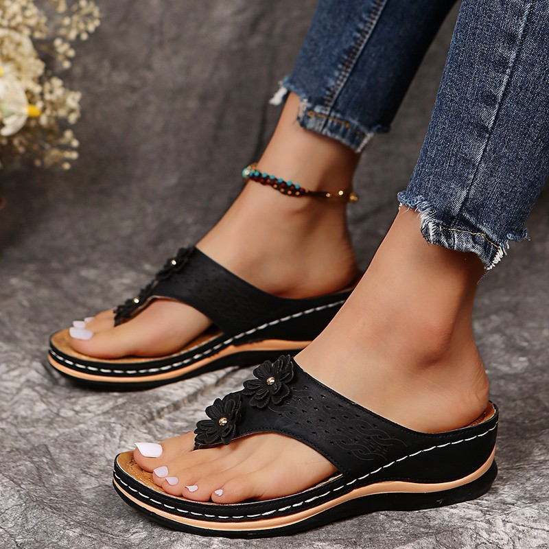 Women's Retro Wedge Flip Flops Outdoor Casual Thick Sole Non-slip Beach Sandals Slippers
