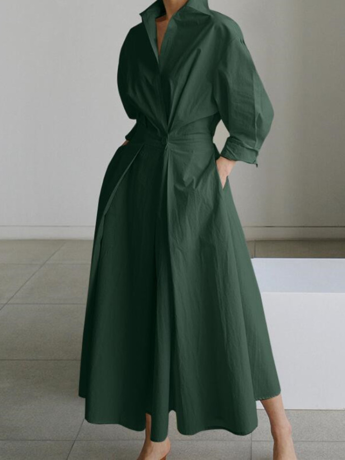 Summer Women's Fashion Solid Color Retro Lapel Shirt Long Sleeve Swing Maxi Dress