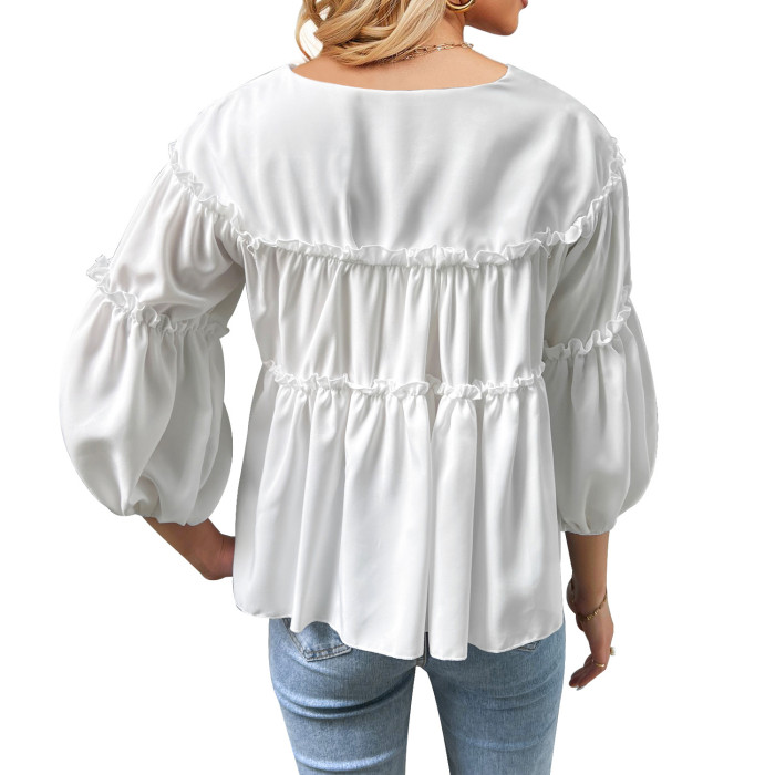 Summer Ladies Solid Color Fashion Casual Balloon Sleeve Blouses & Shirts Tops