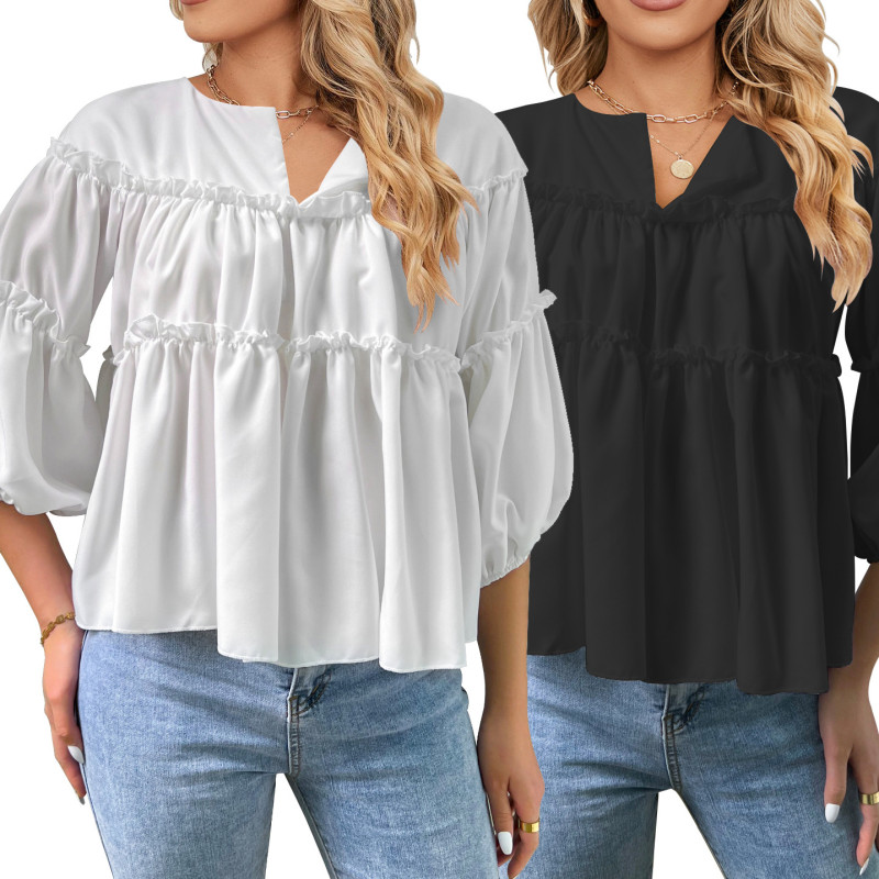 Summer Ladies Solid Color Fashion Casual Balloon Sleeve Blouses & Shirts Tops