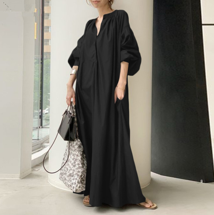 Fashion Ladies Balloon Sleeve V Neck Solid Color Loose Party Maxi Dress