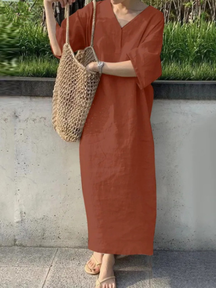 Women's Casual Solid Color V Neck Loose Fashion Elegant Loose Midi Dress