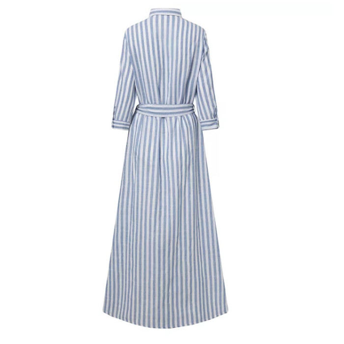 Summer Fashion Bohemian Stripe Lapel Button Tie Loose Casual Maxi Dress