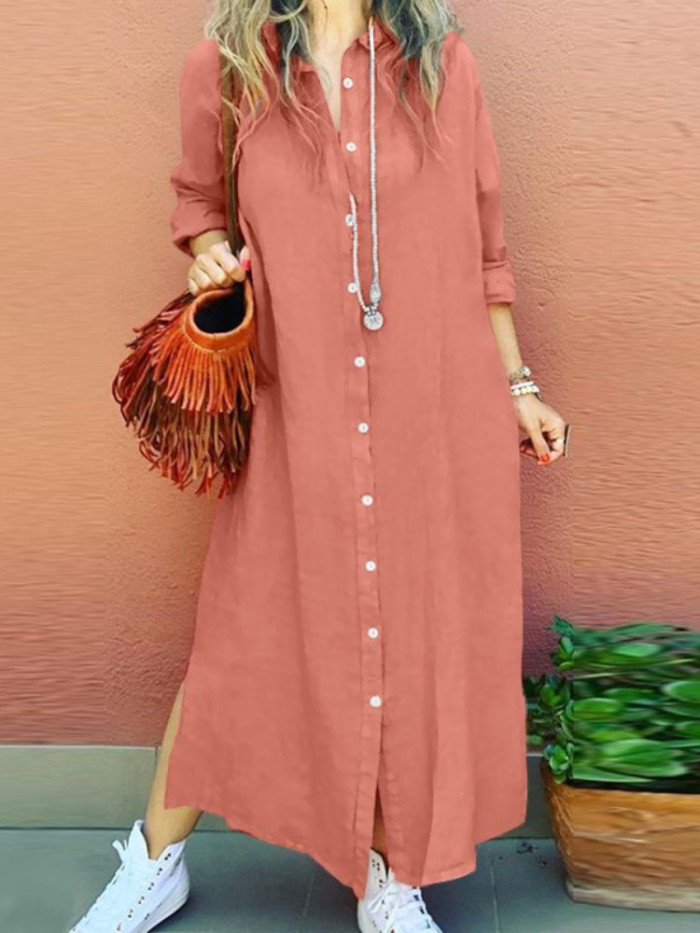 Women's Fashion Elegant Simple Lapel Long Sleeve Loose Cardigan Shirt Maxi Dress