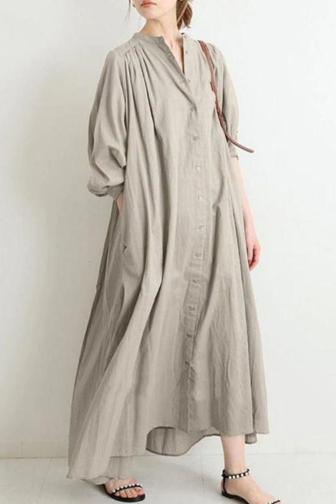 Women's Solid Color Cotton Linen Retro Pleated Large Swing Loose Casual Elegant  Maxi Dress