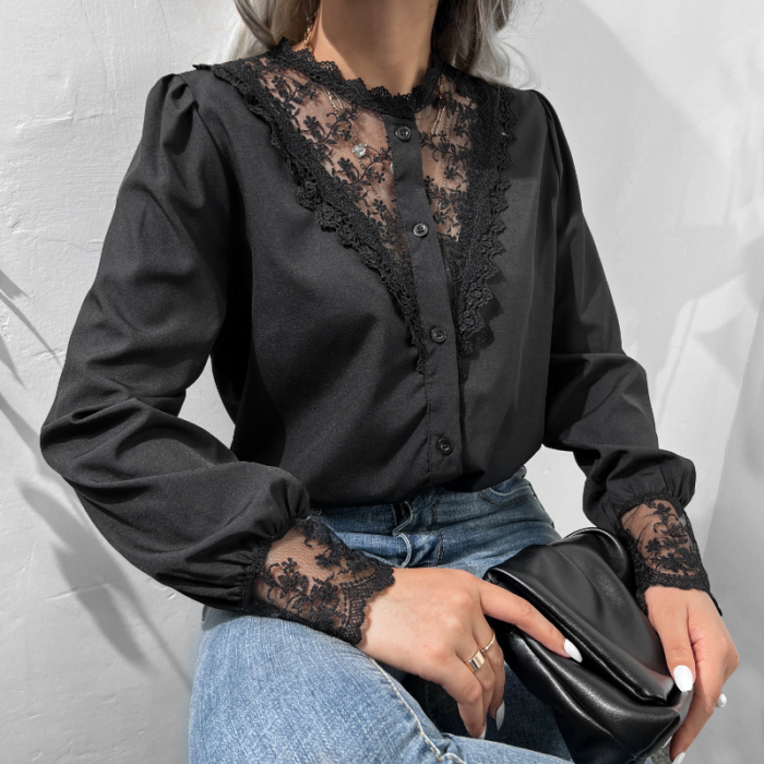 Fashion Retro Lantern Sleeve Elegant Office Loose Lace Mesh  Blouses & Shirts