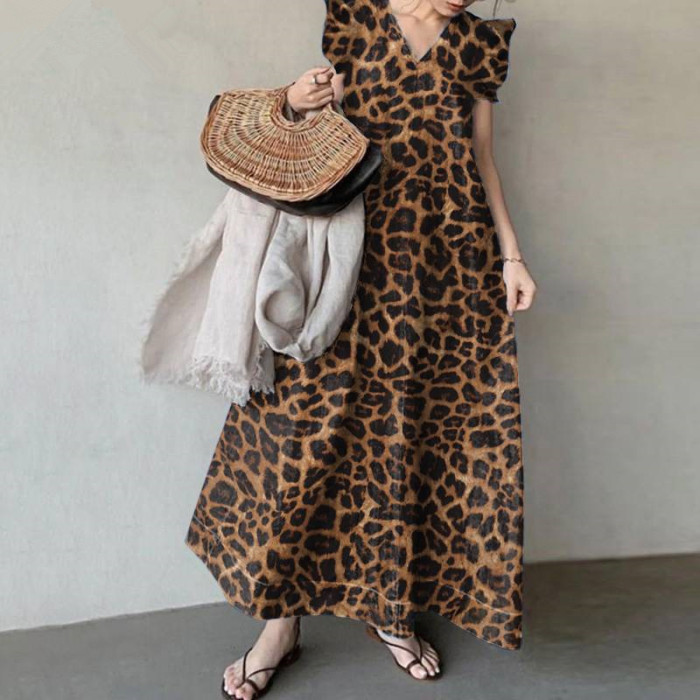 Fashion Print Temperament V Neck Bohemian Loose Plus Size Maxi Dress