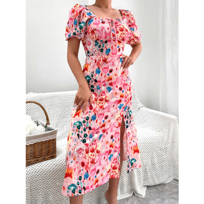 Holiday Summer Printed A-Line Design Square Neck Puff Sleeve High Waist Fashion Maxi Dress