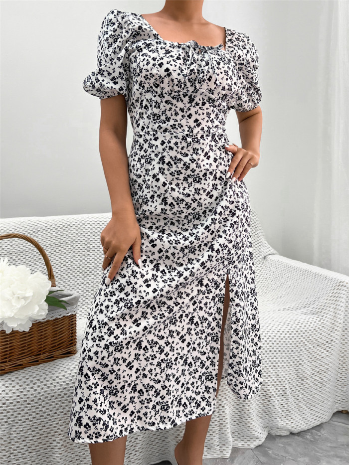 Holiday Summer Printed A-Line Design Square Neck Puff Sleeve High Waist Fashion Maxi Dress