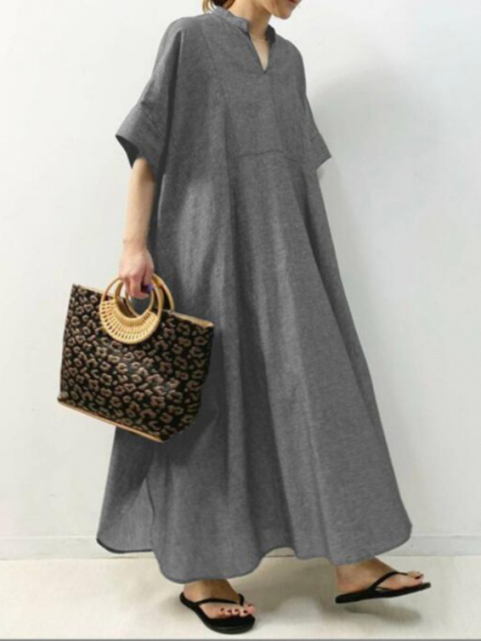 Women Summer Fashion Loose Short Sleeve Retro Solid Casual Maxi Dress