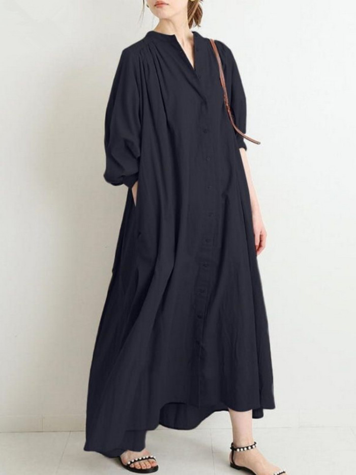 Women's Solid Color Cotton Linen Retro Pleated Large Swing Loose Casual Elegant  Maxi Dress