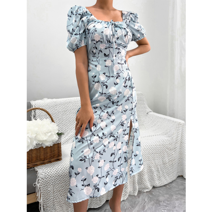 Holiday Summer Printed A-Line Design Square Neck Puff Sleeve High Waist Fashion Maxi Dress