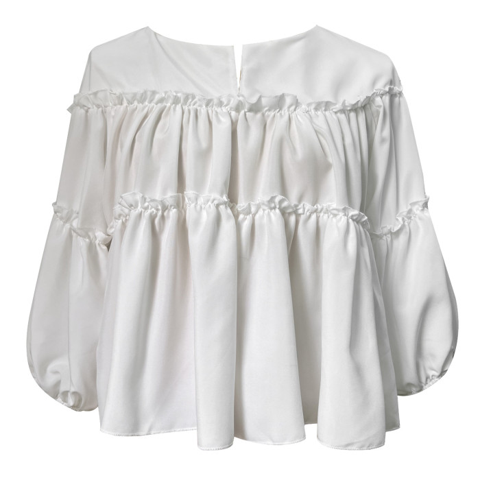 Summer Ladies Solid Color Fashion Casual Balloon Sleeve Blouses & Shirts Tops