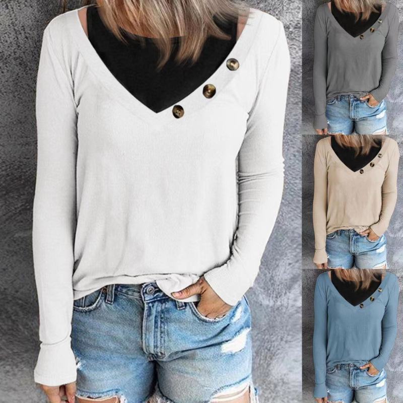 Women's New Vintage Solid Color Round Neck Button Long Sleeve Blouses Top