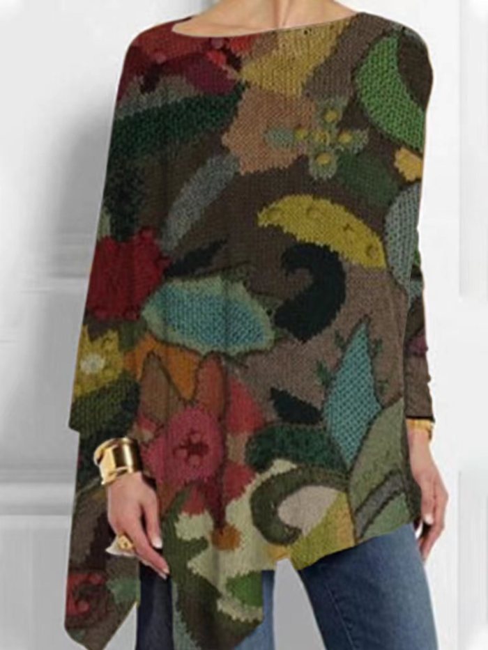 Women's Fashion Casual Vintage Print Loose Long Sleeve  Blouses & Shirts Top