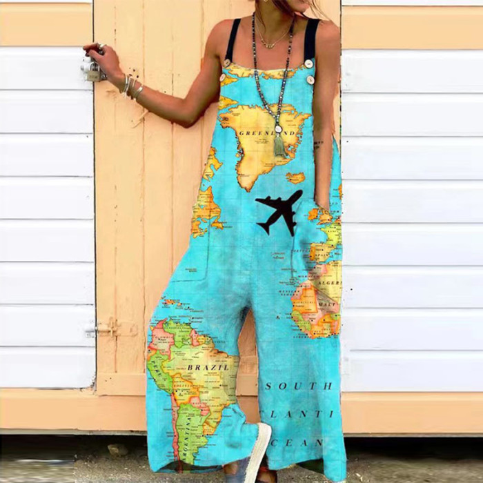 Sexy Slant Neck Print Loose Fashion Strapless Casual Wide Leg Jumpsuit