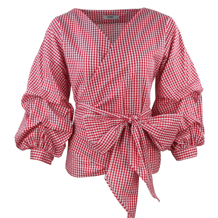 Women's Fashion Solid Color Cross Tie Puff Sleeve Sexy V-Neck Casual Blouses & Shirts