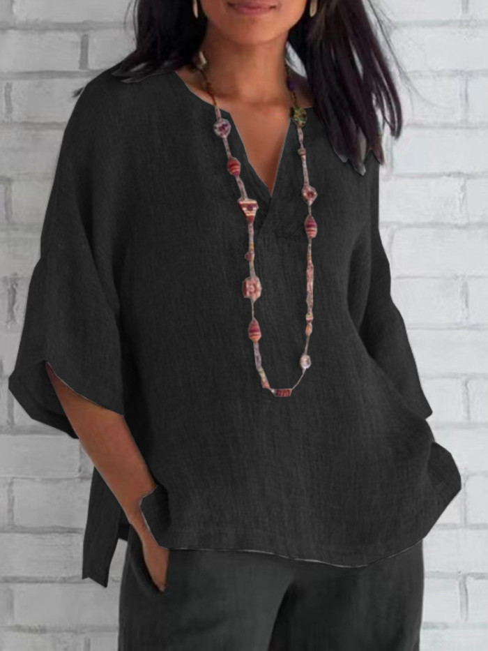 Women Solid Color Retro Casual V Neck Loose Casual  Blouses & Shirts Tops