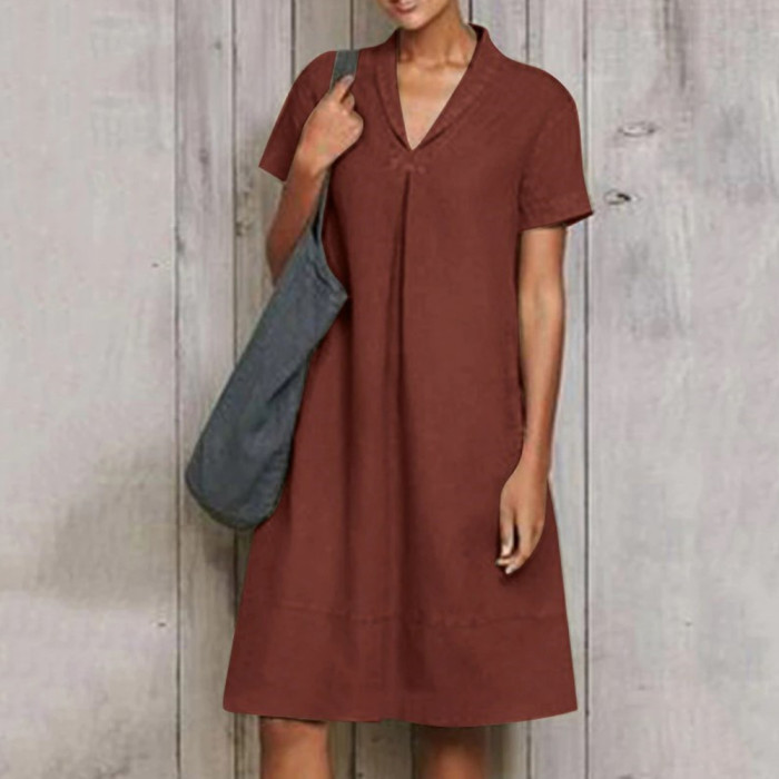 Cotton Linen Short Sleeve Casual Pullover Elegant Sexy Casual Dress