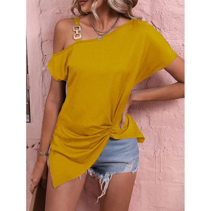 Summer Loose Sexy One Off Shoulder  Metal Ring Buckle Strap Solid Blouses & Shirts