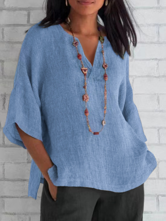 Women Solid Color Retro Casual V Neck Loose Casual  Blouses & Shirts Tops