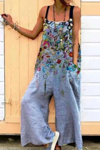 Sexy Slant Neck Print Loose Fashion Strapless Casual Wide Leg Jumpsuit