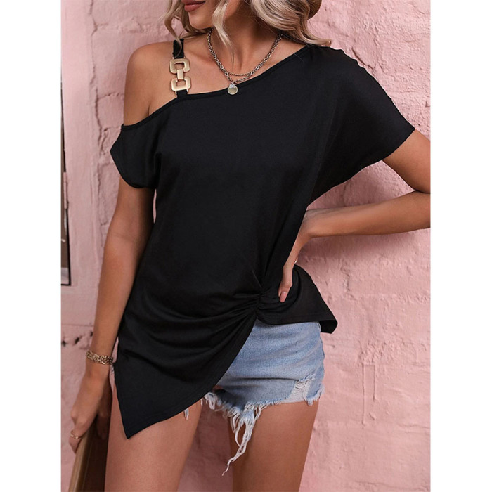 Summer Loose Sexy One Off Shoulder  Metal Ring Buckle Strap Solid Blouses & Shirts