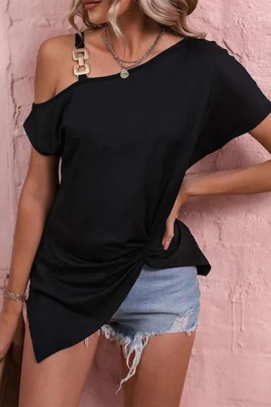 Summer Loose Sexy One Off Shoulder  Metal Ring Buckle Strap Solid Blouses & Shirts