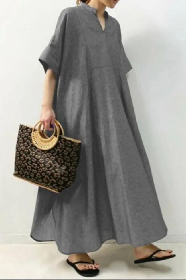 Women Summer Fashion Loose Short Sleeve Retro Solid Casual Maxi Dress