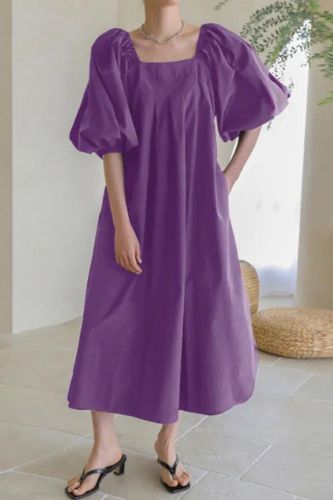 Women's Summer Loose Street Elegant Party Puff Sleeve Vintage Formal Midi Dress