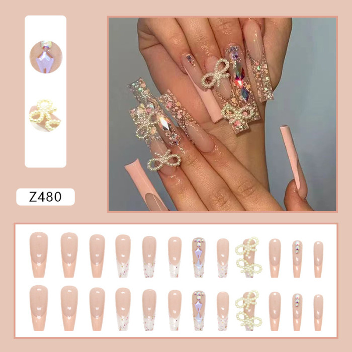 24PCS Trendy Pearl Bow Wear Glitter French  Nails