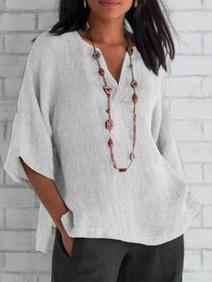 Women Solid Color Retro Casual V Neck Loose Casual  Blouses & Shirts Tops