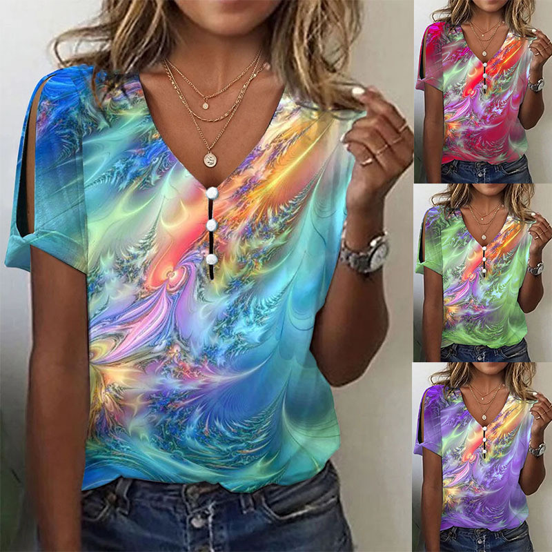 Women's Summer Fashion Tie Dye Gradient Print Sexy Hollow Casual Loose T-Shirt